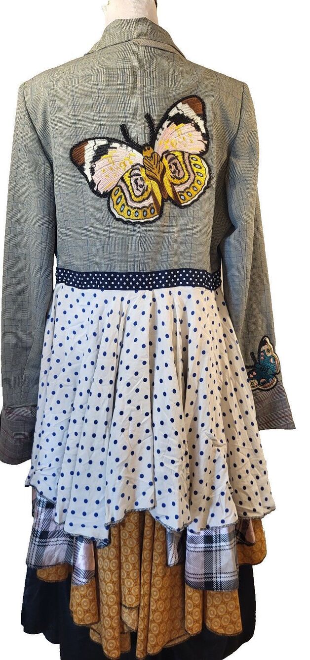 Upcycled Extra Long Tails Style Jacket Size 14 Butterfly Flower Patches